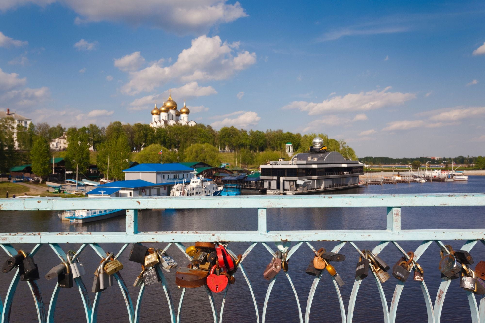 Love padlocks at the town park Volga Riverfront Yaroslavl Russia Canvas Art - Panoramic Images (27 x 9)