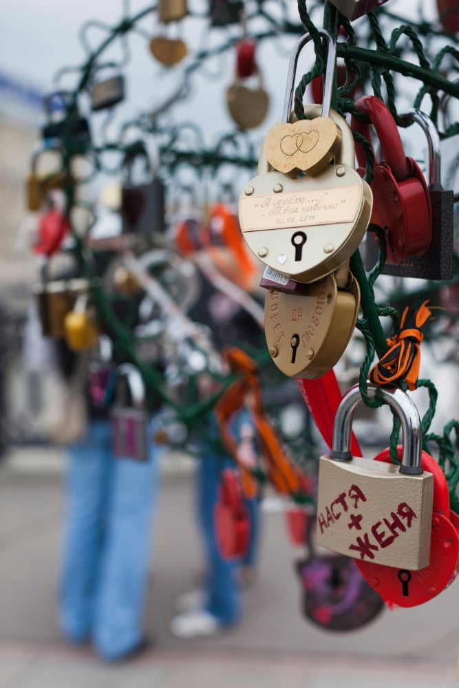Love padlocks on footbridge by Repin Square Zamoskvorechiye-Area Moscow Russia Canvas Art - Panoramic Images (36 x 12)