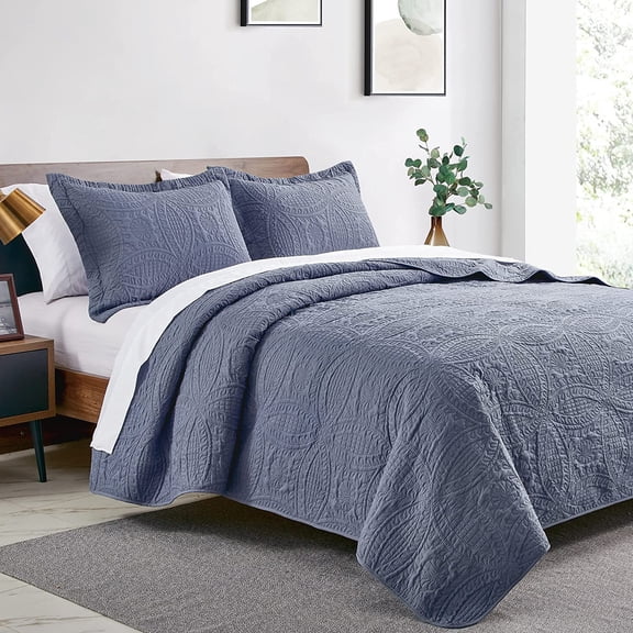 Love's Cabin Quilt Set for Queen Bed - Blue Coin Pattern Lightweight Coverlet with 2 Pillow Shams - Soft Polyester All Season Bedspread
