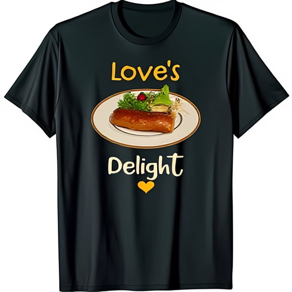 Love s Delight Black T-Shirt with Yellow Text & Heart Plate Design Featuring Sausage and Cherry Tomato