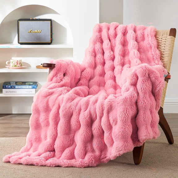 Faux Rabbit Fur Fleece Throw Blanket for Couch, Soft Plush Fuzzy Double-Sided Bubble Fluffy Blanket, 50" x 60", Dark Pink