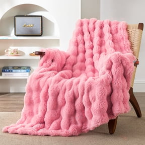 Faux Rabbit Fur Fleece Throw Blanket for Couch, Soft Plush Fuzzy Double-Sided Bubble Fluffy Blanket, 50" x 60", Dark Pink