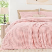 Fleece Queen Comforter Set 3-Piece - Super Soft Faux Fur Stripe Jacquard Bedding, 1 Warm Winter Fluffy Comforter with 2 Pillowcases, Pink