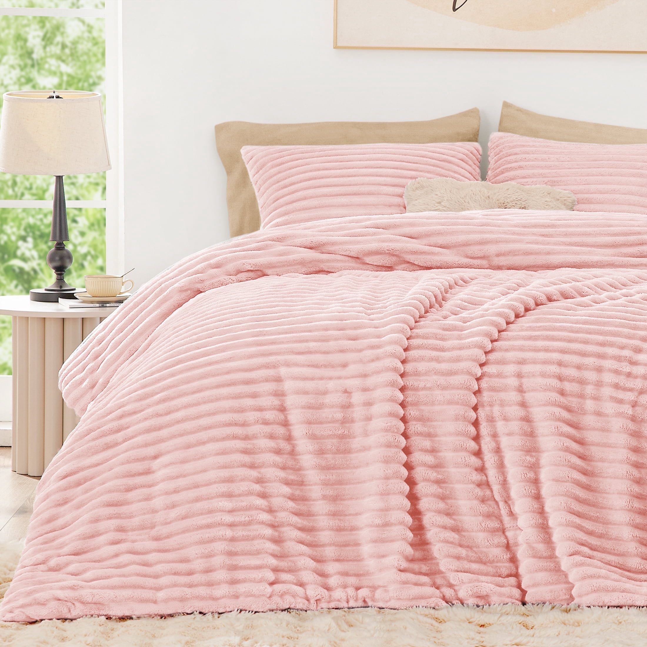 Love's cabin Fleece Twin Comforter Set 2-Piece - Super Soft Faux Fur Stripe Jacquard Bedding, 1 Warm Winter Fluffy Comforter with 1 Pillowcase, Pink