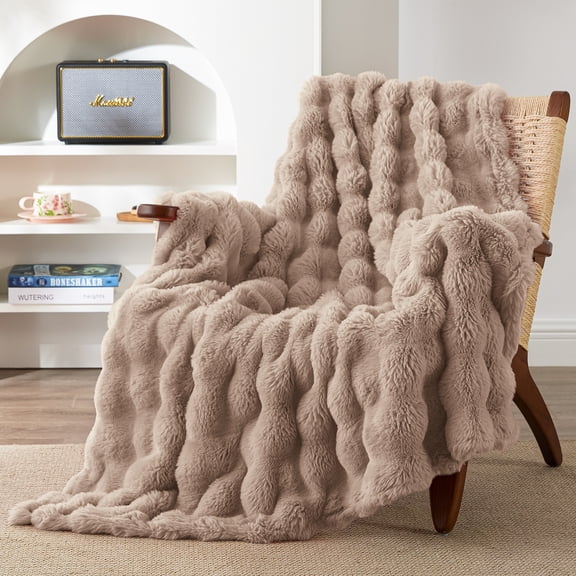 Love's cabin Faux Rabbit Fur Fleece Throw Blanket for Couch, Soft Plush Fuzzy Double-Sided Bubble Fluffy Blanket, 50" x 60", Milk Brown