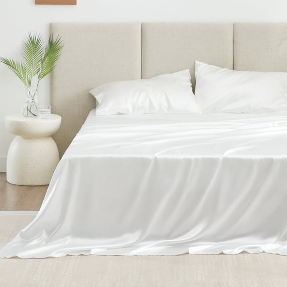 Love's cabin Satin Sheets Queen Sheet Set Deep Pocket Luxury Silky Bed Sheets for Hair and Skin 4 Pieces, White