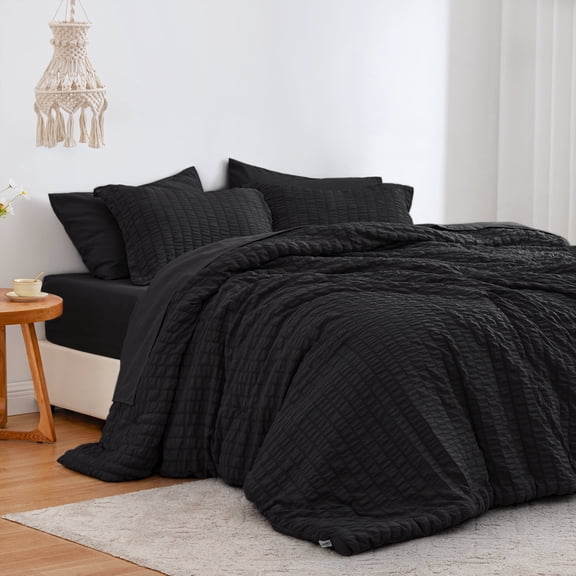Love's cabin Seersucker Queen Comforter Set 7-Piece - All Season Lightweight Bedding Set, Bed in a Bag with Comforter, Flat Sheet, Fitted Sheet, Pillowcases & Pillow Shams, Black