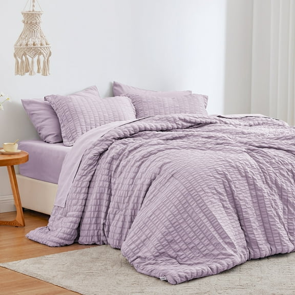 Love's cabin Seersucker Twin Comforter Set 5-Piece - All Season Lightweight Bedding Set, Bed in a Bag with Comforter, Flat Sheet, Fitted Sheet, Pillowcase & Pillow Sham, Lavender