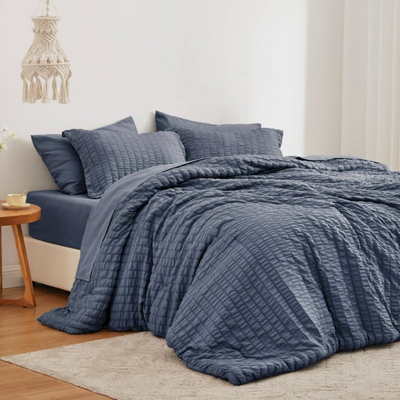 Love's cabin Seersucker Twin Comforter Set 5-Piece - All Season Lightweight Bedding Set, Bed in a Bag with Comforter, Flat Sheet, Fitted Sheet, Pillowcase & Pillow Sham, Navy Blue
