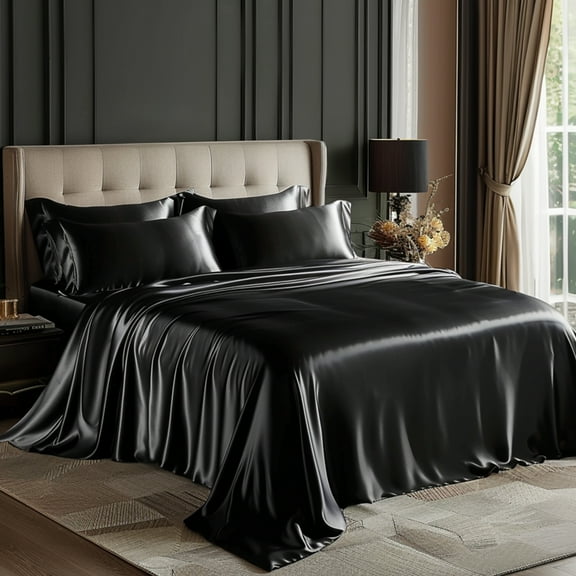 Love's cabin Satin Sheets Twin XL Sheet Sets Deep Pocket Luxury Silky Bed Sheets for Hair and Skin 3 Pieces, Black