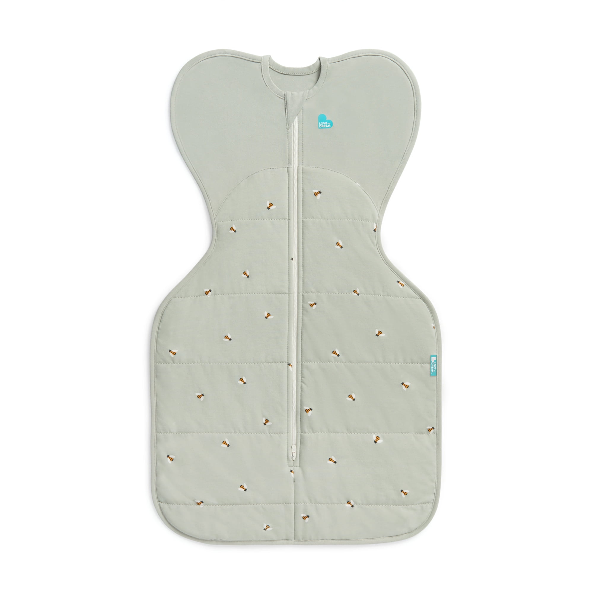 Love to Dream Swaddle Up Warm Cotton 2.5 TOG Baby Sleep Sack, Arms Up Design, Twin Zipper, Small 8-13 lbs, Olive Bees