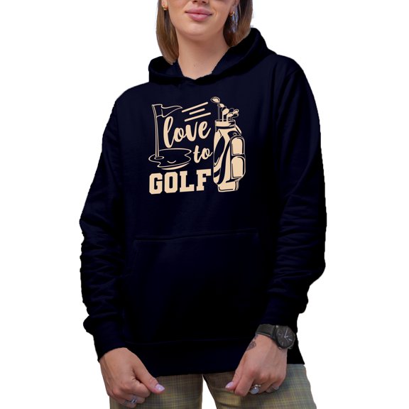 Love to Golf with Clubs in a Bag & Flag, Golf Player, Golfing or Golfer Themed Merch Gift, Navy Blue Hooded Sweatshirt or Hoodie, Medium
