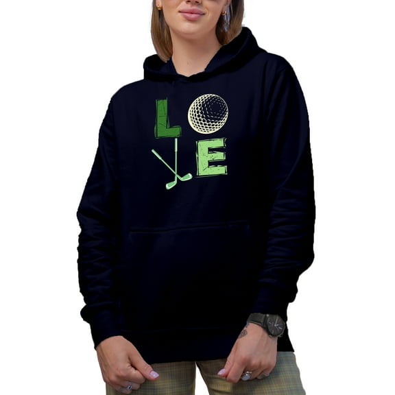 Love with Ball & Clubs, Golf Player, Golfing or Golfer Themed Merch Gift, Navy Blue Hooded Sweatshirt or Hoodie, Small