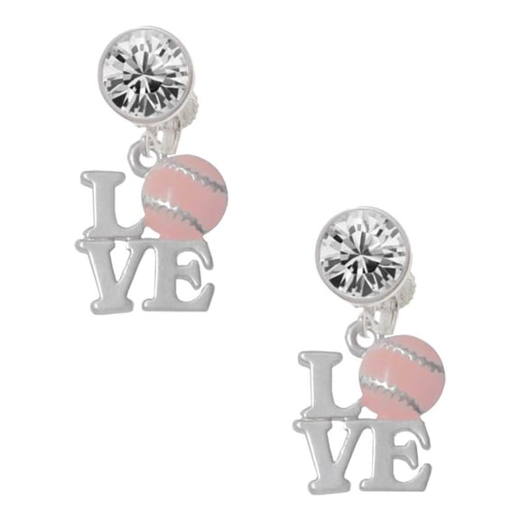 Love with Pink Softball Clear Crystal Clip On Earrings