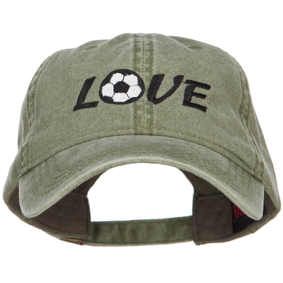Love with Soccer Ball Embroidered Washed Cotton Cap - Olive OSFM