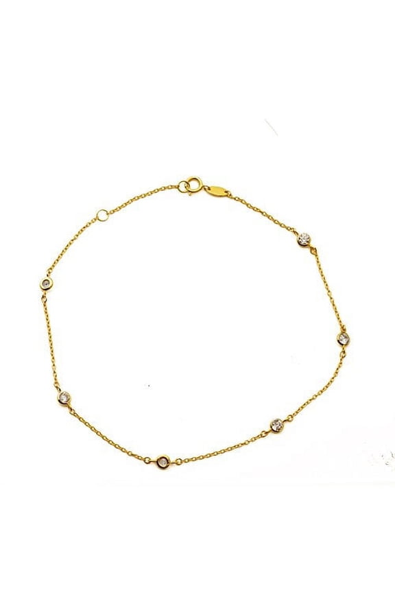 10K Yellow Gold .50mm Diamond Cut Rolo Chain with 6 CZ Stones Anklet Adjustable 9" to 10" (#52)