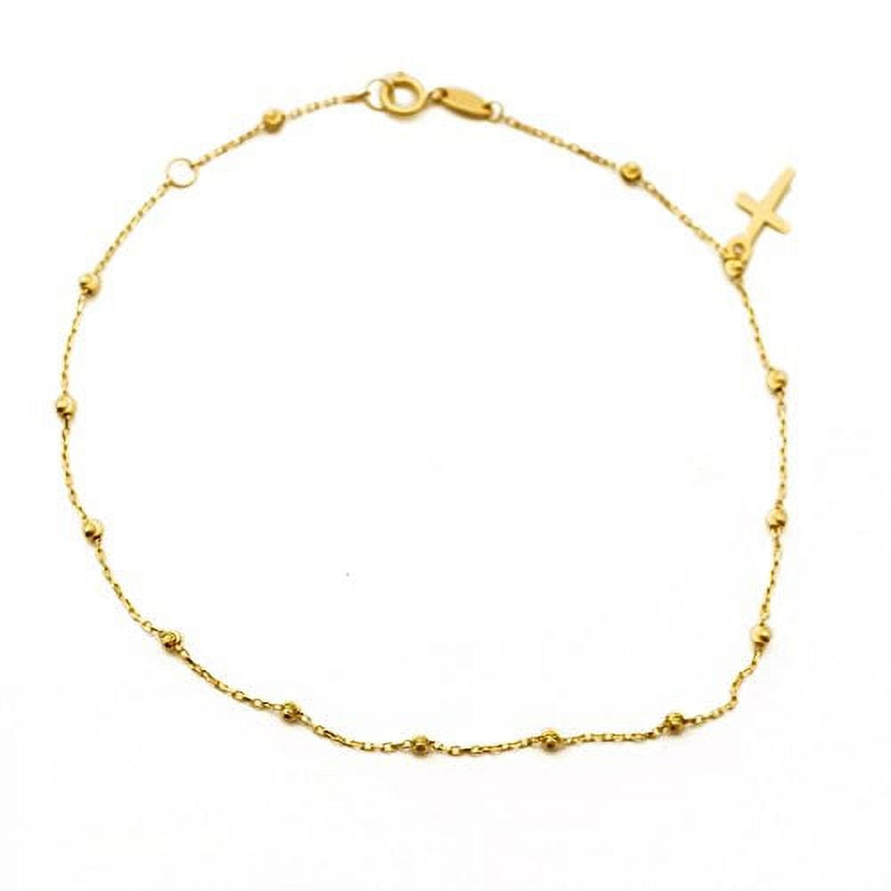 LoveBling 10K Yellow Gold .50mm Diamond Cut Rolo Chain with a Cross Charm & Beads Anklet Adjustable 9" to 10" (#56)
