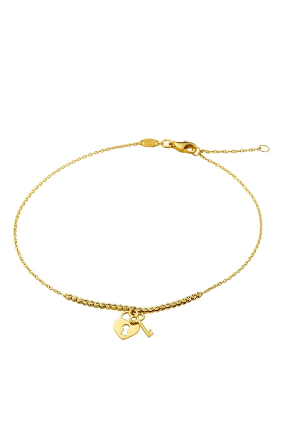 10K Yellow Gold .5mm Diamond Cut Beads and Heart & Key Charm Anklet (#71)