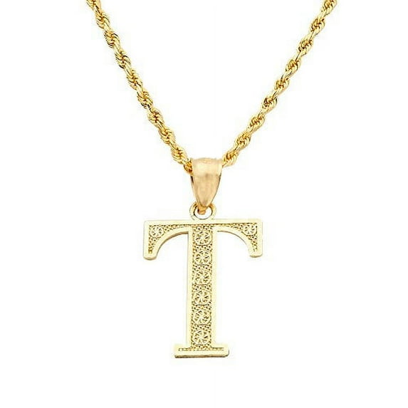 LoveBling 10K Yellow Gold Diamond Cut A to Z Alphabet Initial Letter Charm Necklace Pendant (Small) (T) (0.78")