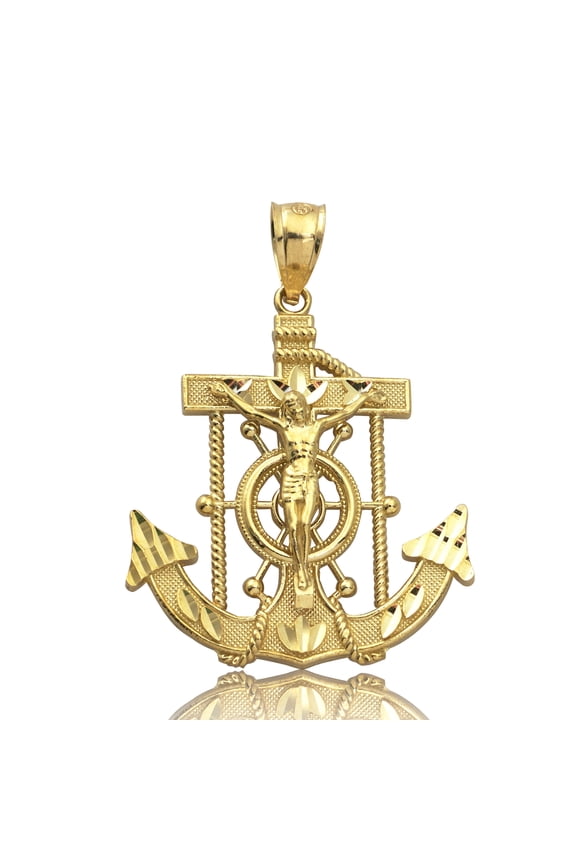 10K Yellow Gold Diamond Cut Jesus Cross/Anchor (1.50" x 1.00")