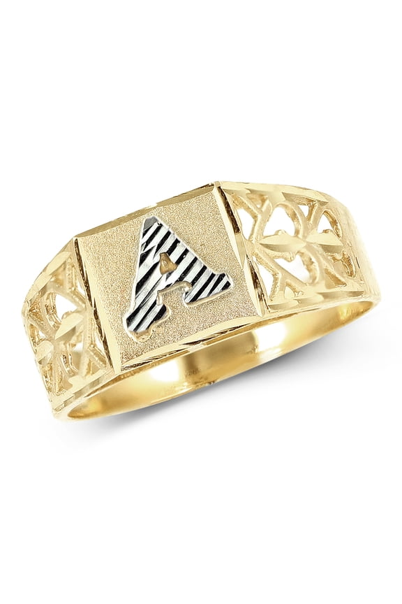 10K Yellow Gold Diamond Cut Ladies Alphabet Initial Ring, Block Lettering (A, 7)