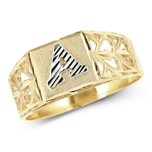 LoveBling 10K Yellow Gold Diamond Cut Ladies Alphabet Initial Ring, Block Lettering (A, 9)