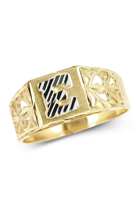 10K Yellow Gold Diamond Cut Ladies Alphabet Initial Ring, Block Lettering (E, 7.5)