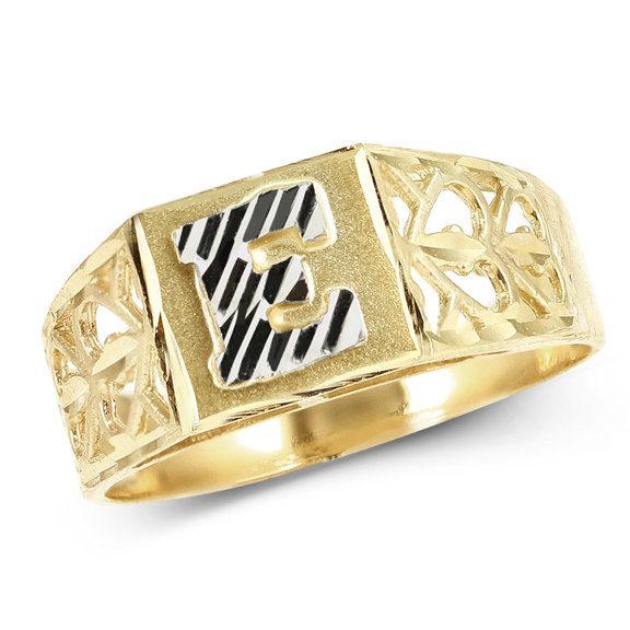 LoveBling 10K Yellow Gold Diamond Cut Ladies Alphabet Initial Ring, Block Lettering (E, 9)