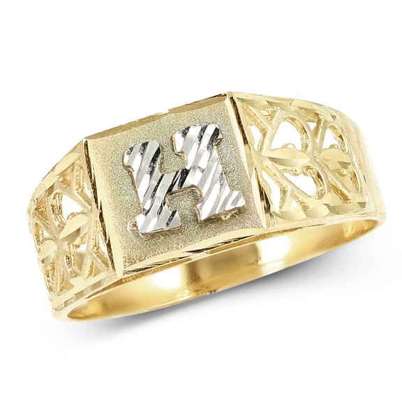 LoveBling 10K Yellow Gold Diamond Cut Ladies Alphabet Initial Ring, Block Lettering (H, 10)