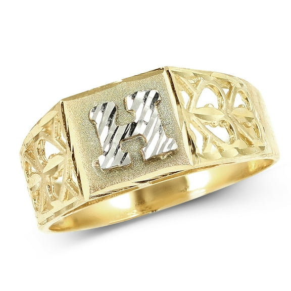 LoveBling 10K Yellow Gold Diamond Cut Ladies Alphabet Initial Ring, Block Lettering (H, 9)