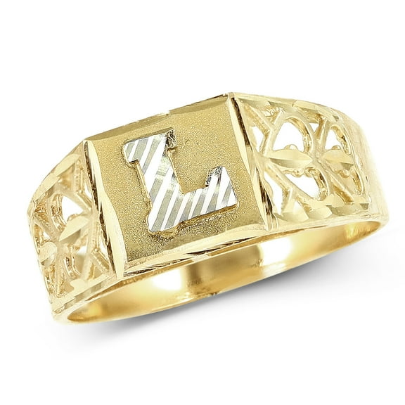 LoveBling 10K Yellow Gold Diamond Cut Ladies Alphabet Initial Ring, Block Lettering (L, 5)