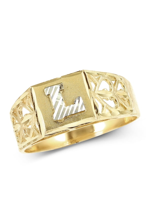 10K Yellow Gold Diamond Cut Ladies Alphabet Initial Ring, Block Lettering (L, 5)