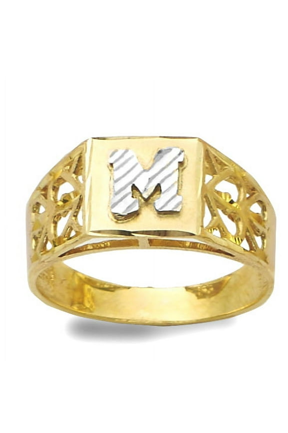 10K Yellow Gold Diamond Cut Ladies Alphabet Initial Ring, Block Lettering (M, 10)