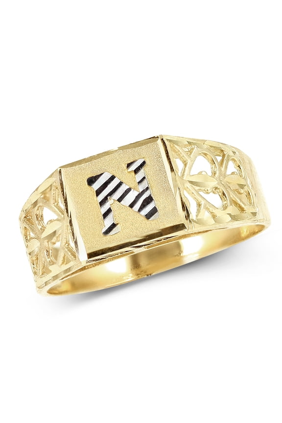 10K Yellow Gold Diamond Cut Ladies Alphabet Initial Ring, Block Lettering (N, 6)