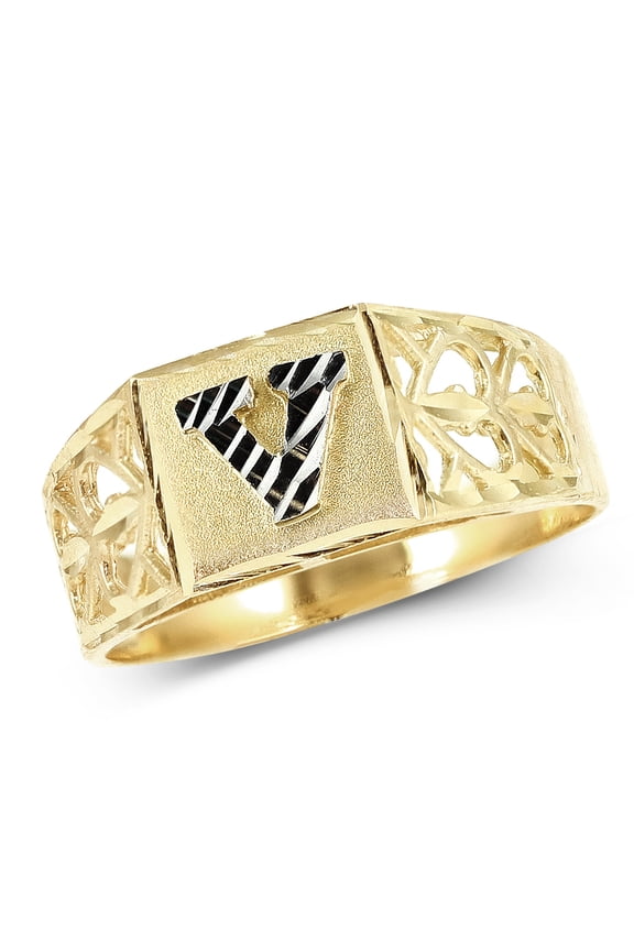 10K Yellow Gold Diamond Cut Ladies Alphabet Initial Ring, Block Lettering (V, 10)