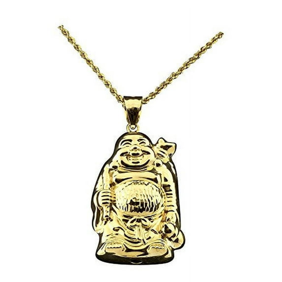 LoveBling 10K Yellow Gold Happy Buddha Full Body Diamond Cut Charm Pendant (1.75" x 0.94")