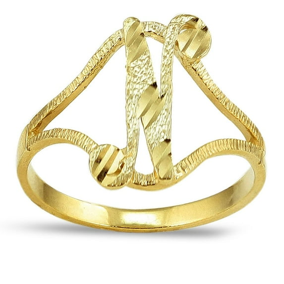 LoveBling 10K Yellow Gold Ladies Cursive Alphabet Initial Ring (N, 9)