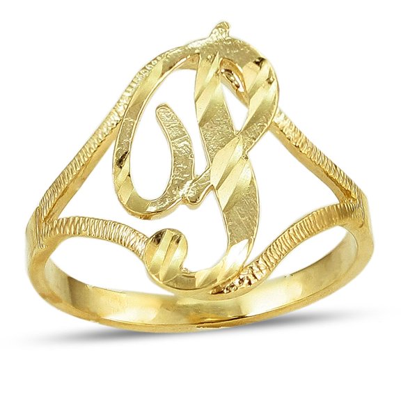 LoveBling 10K Yellow Gold Ladies Cursive Alphabet Initial Ring (P, 7.5)
