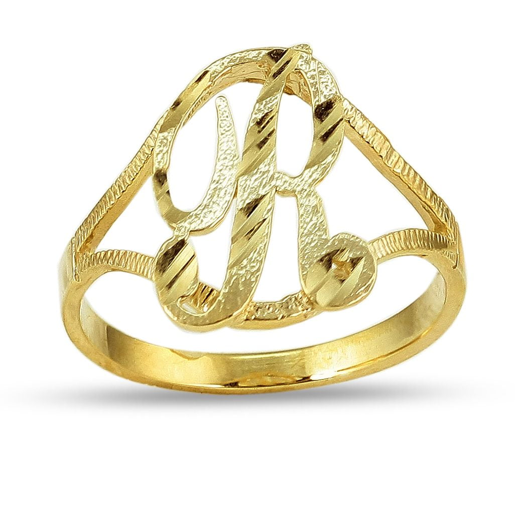 LoveBling 10K Yellow Gold Ladies Cursive Alphabet Initial Ring (R, 5 ...