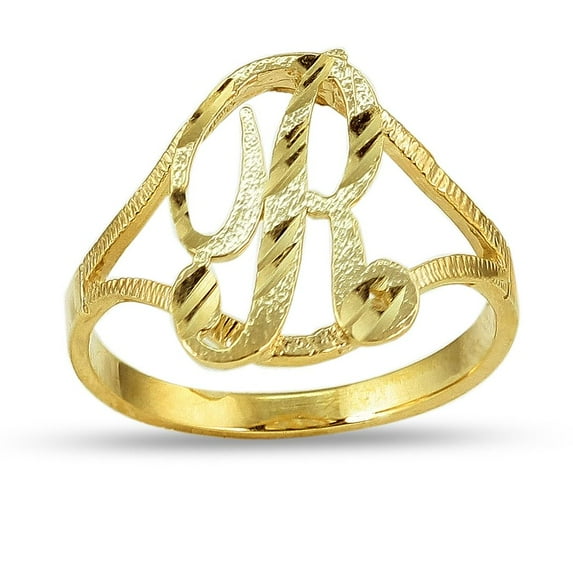 LoveBling 10K Yellow Gold Ladies Cursive Alphabet Initial Ring (R, 9)
