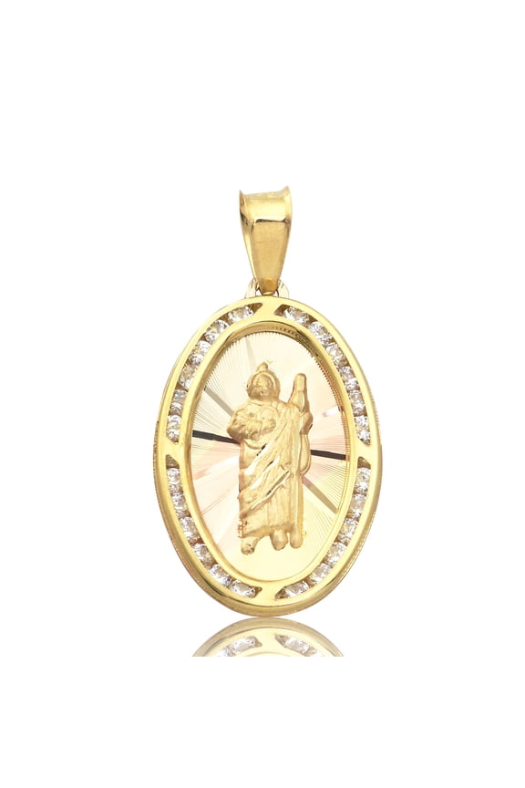 10K Yellow Gold Tri-Tone Saint Jude Charm With 24 CZ Stones (1.34" x 0.68")