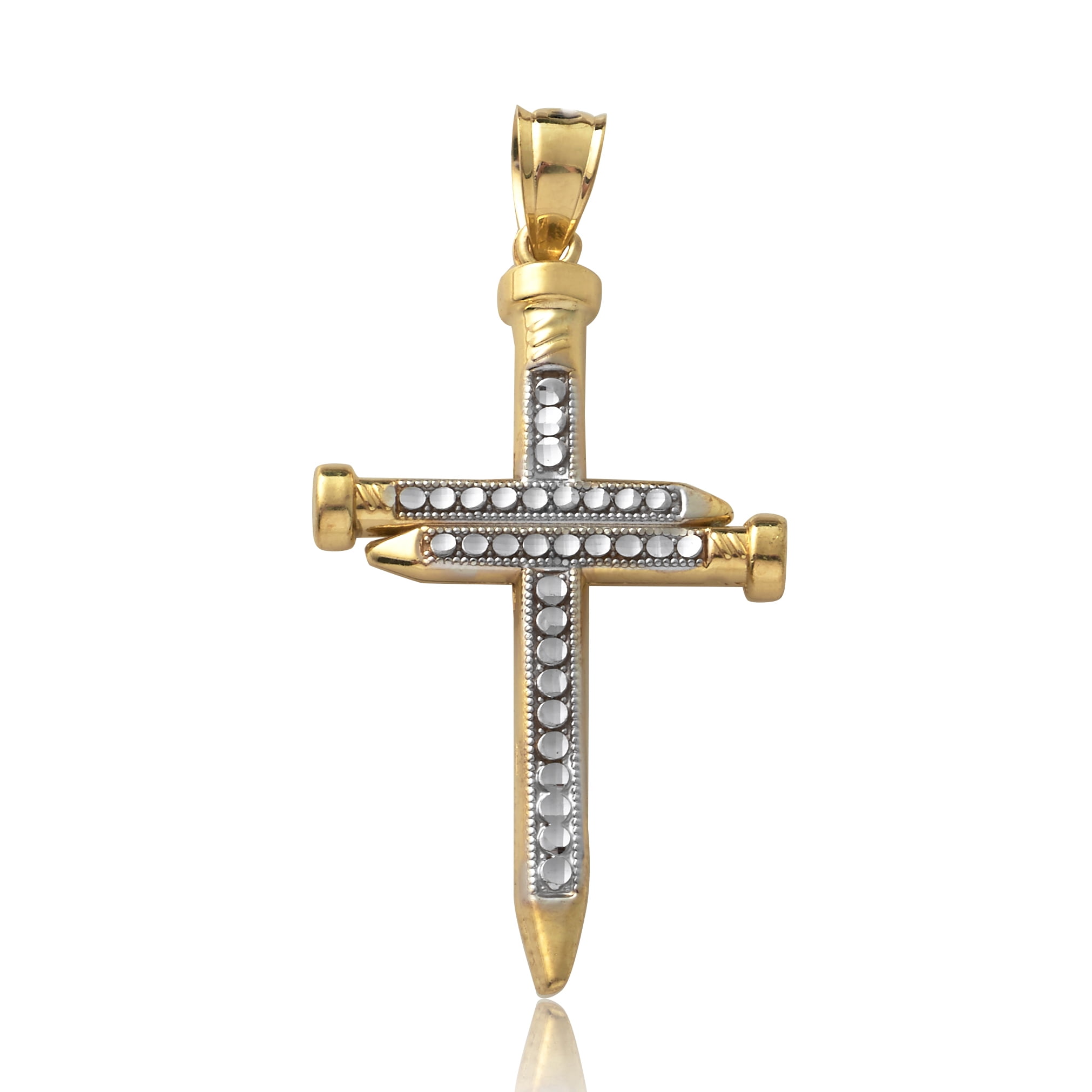 LoveBling 10K Yellow Gold Two-Tone Triple Nail Cross Charm (1.78" x .90")