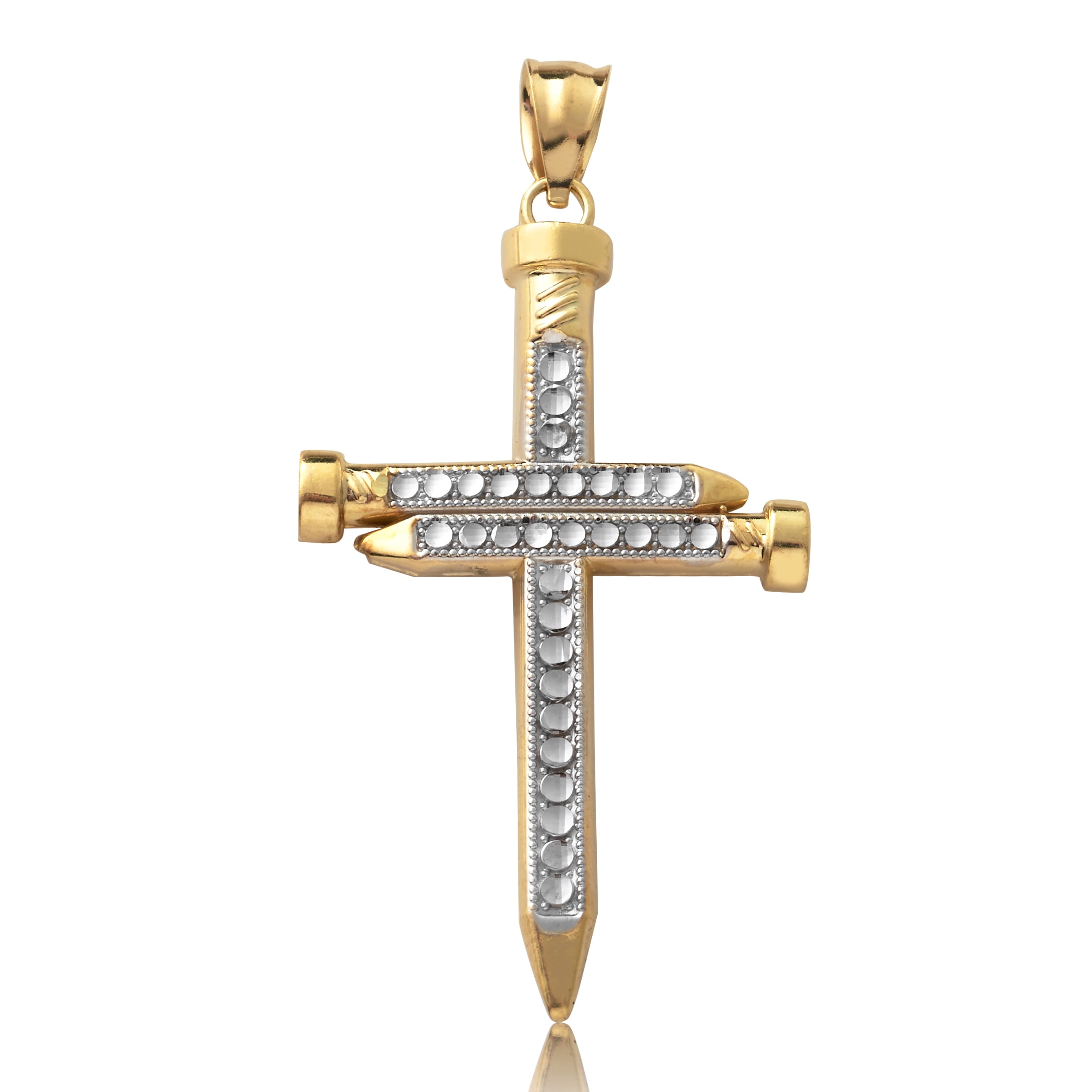 LoveBling 10K Yellow Gold Two-Tone Triple Nail Cross Charm (2.18" x 1.10")