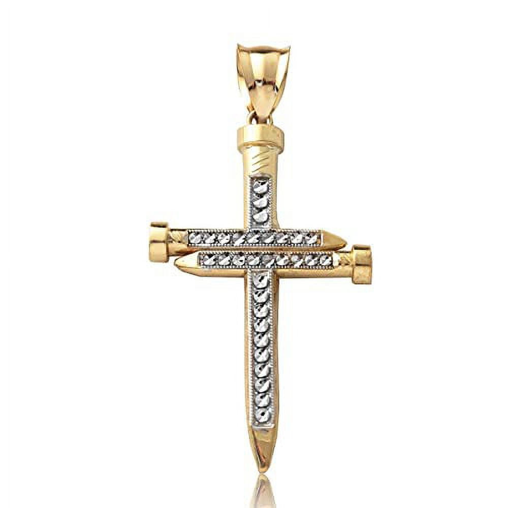 LoveBling 10K Yellow Gold Two-Tone Triple Nail Cross Charm (2.75" x 1.32")