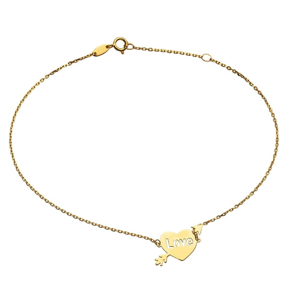 LoveBling 10k .5mm Heart & Arrow w/ Love Engraving Charm Anklet Adjustable from 9" to 10" (#87)