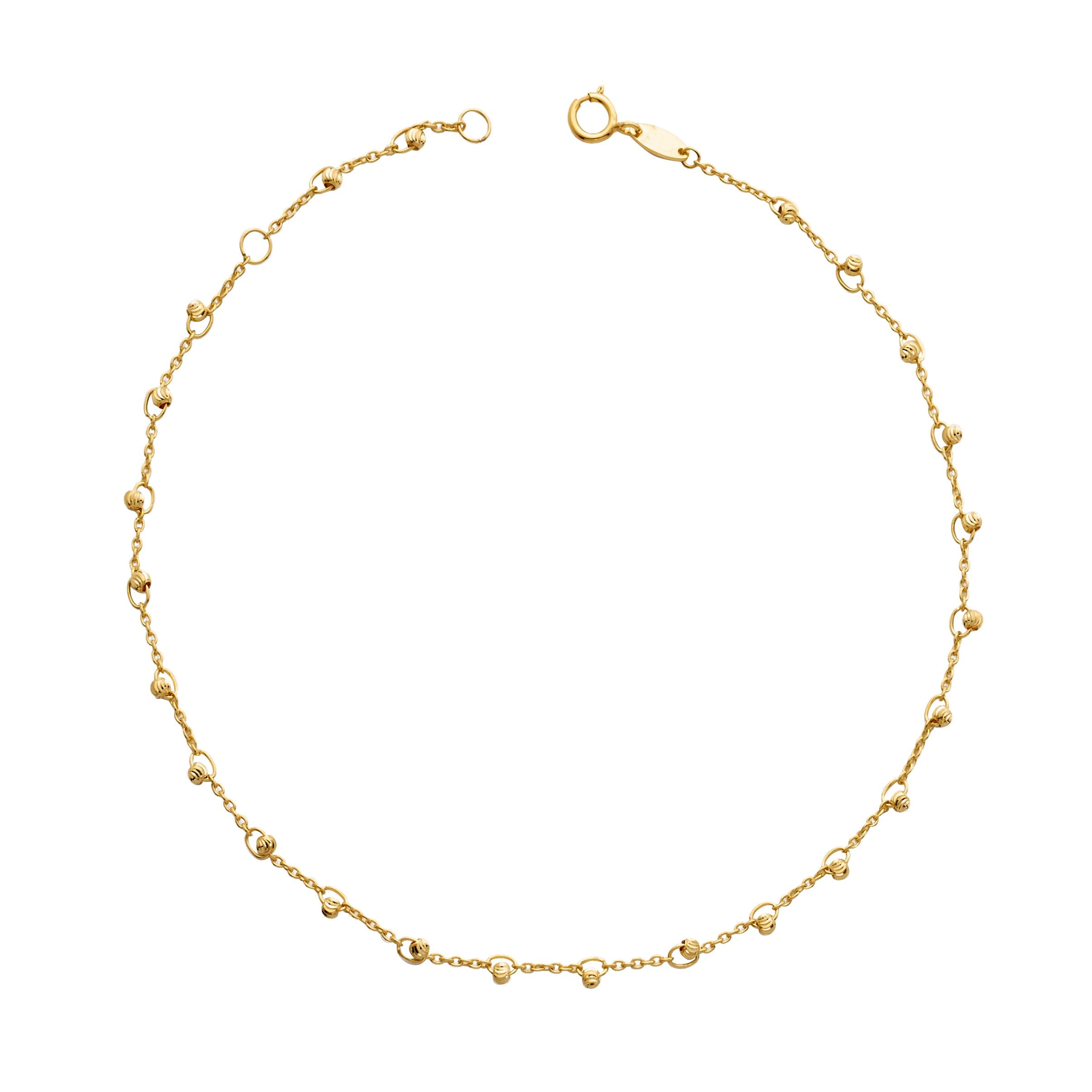 LOVEBLING 10k Yellow Gold 0.50mm Diamond Cut Rolo with Small Moon Cut Beads Anklet, Adjustable 9" - 10" (#106)