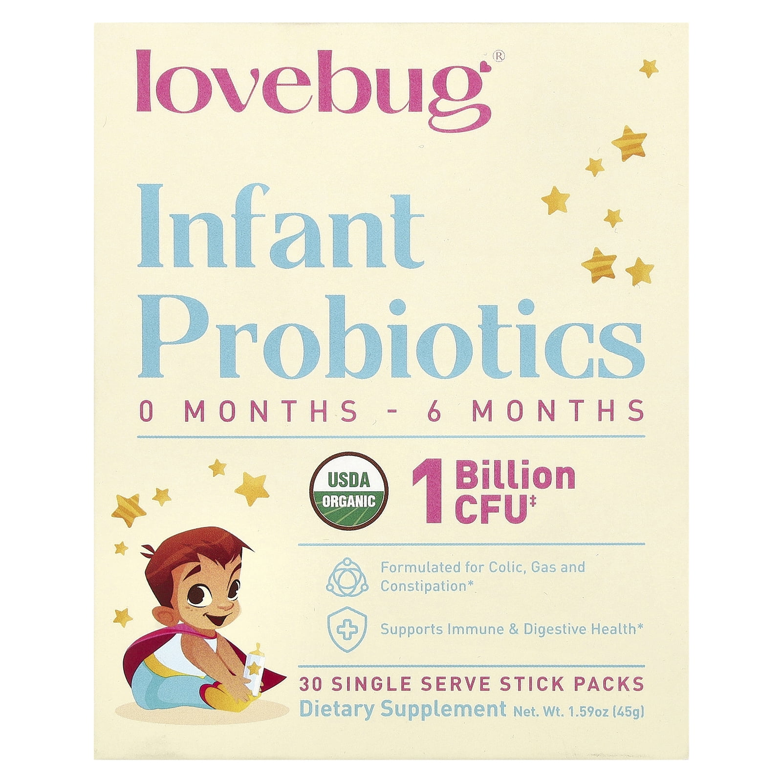 LoveBug Probiotics Organic Infant Probiotic Powder, 0-6 Months, Helps with Colic, Reflux, Diarrhea, Constipation & Gas, 30 Packets