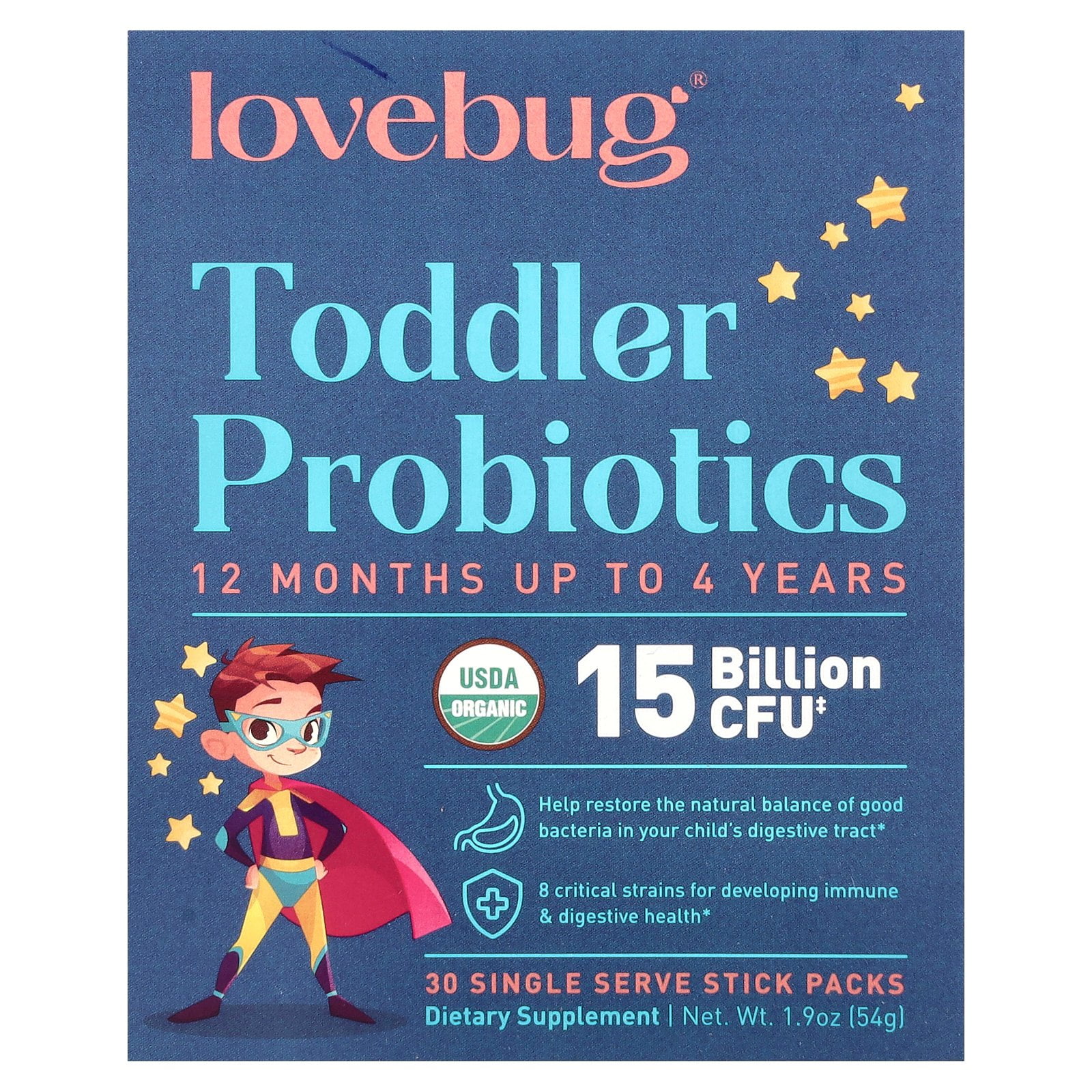 LoveBug Probiotics USDA Organic Toddler and Kids Probiotics (12 mo-4 yrs), 30 Stick Packs