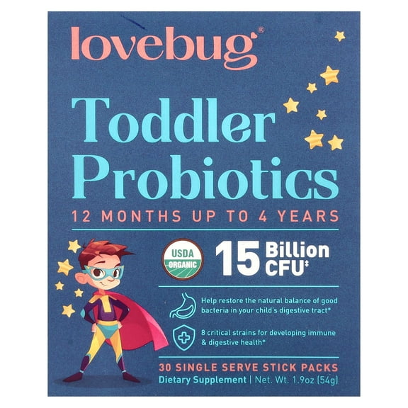 LoveBug Probiotics USDA Organic Toddler and Kids Probiotics (12 mo-4 yrs), 30 Stick Packs