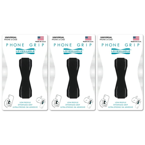 LoveHandle - Universal Grip for Most Smartphones and Mini Tablets, Black Elastic Strap with Black Base, Pack of 3, LH-03
